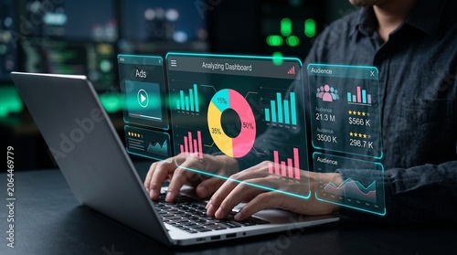 Foto Man analyzing ads and digital marketing data on laptop with interactive dashboar
