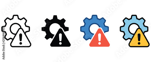 failure icon set with gear and exclamation mark vector symbols, representing malfunction, system error, warning alerts, technical issues, and industrial breakdown communication design.