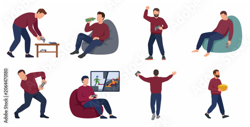 Obraz na plátně Vector illustration set of a young man playing video games in various poses, fro