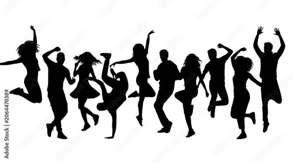 Fototapeta premium People dancing and jumping silhouette style isolated on transparent background, Vector