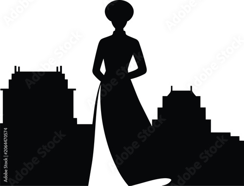 Foto Vietnamese woman in traditional ao dai dress silhouette standing against histori