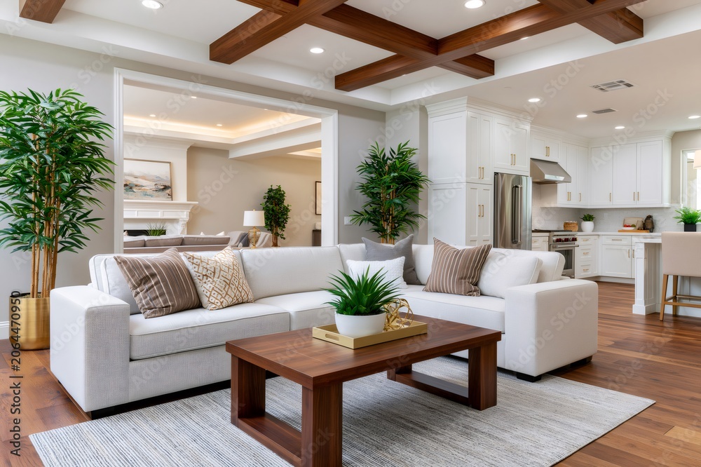Obraz premium Modern open concept living room and kitchen interior