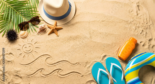Summer beach vacation background with copy space on sand. Generative AI.