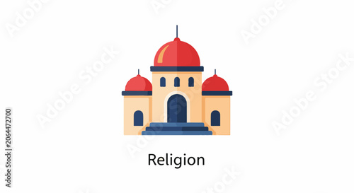 A stylized illustration of a building with a central large red dome and two smaller ones on either side