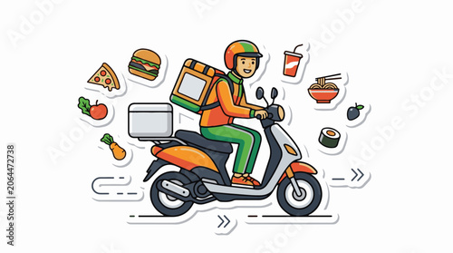 A smiling delivery person rides an orange scooter with food items