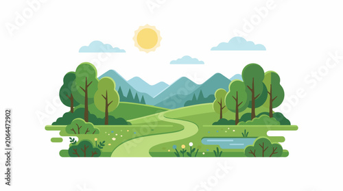 A serene landscape with a winding road through green hills, trees, and a mountain range