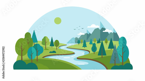 A serene landscape with a winding river, trees, and mountains (43)