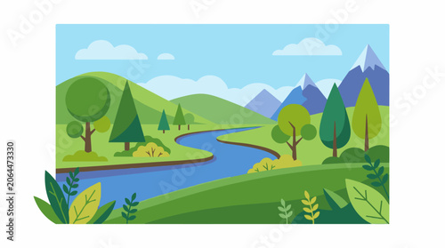 A serene landscape with a river flowing through rolling hills and mountains (4)