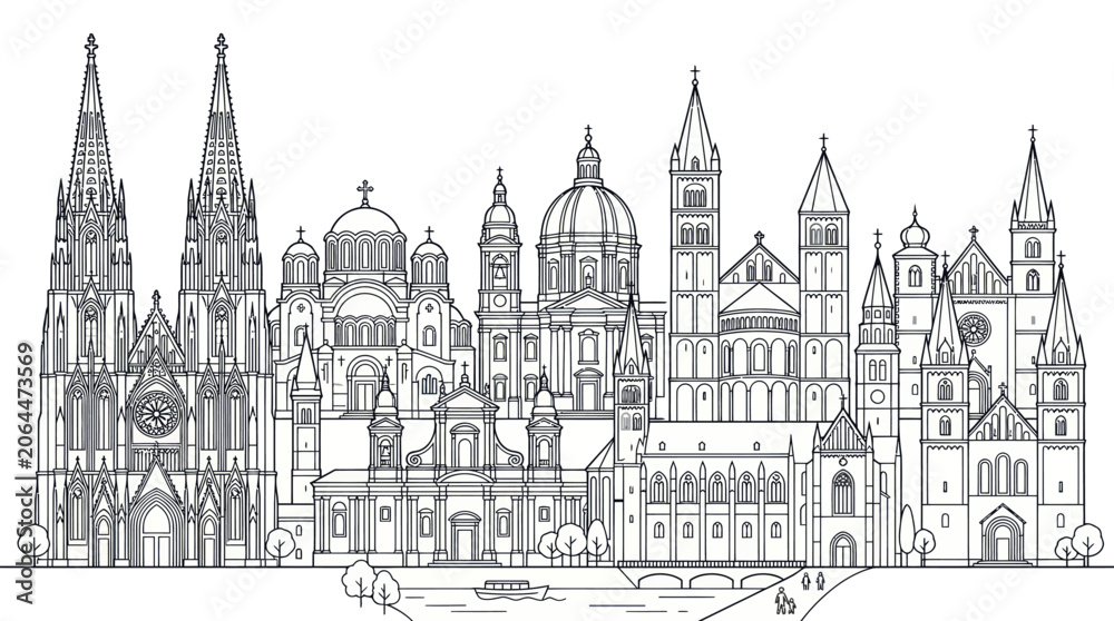 Fototapeta premium Detailed line art panorama of European cathedral facades.