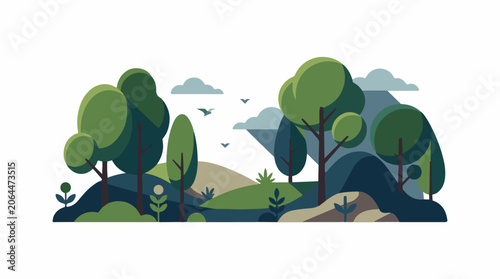 A serene cartoon landscape with trees, hills, and clouds