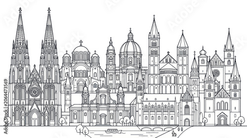 Quadro su tela Detailed line art panorama of European cathedral facades.