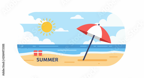 A serene beach scene with an umbrella on the sand