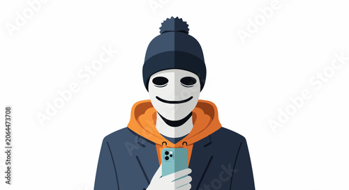 A person in a blue jacket and hat holds a phone