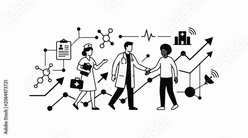 A medical professional in a lab coat and a nurse walk alongside a patient