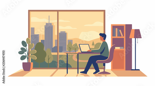 A man sits at a desk with a laptop, looking out the window at a city