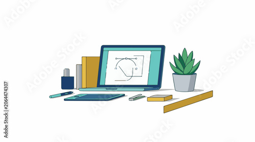A laptop with a plant and office supplies on a white background