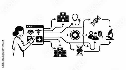 A healthcare professional interacts with a digital interface connected to various medical symbols and icons