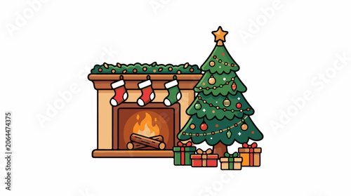 A festive holiday scene with a decorated Christmas tree and a cozy fireplace