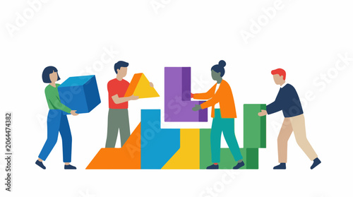 A diverse group of people assembling colorful blocks