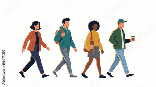 A diverse group of four people walking in a line
