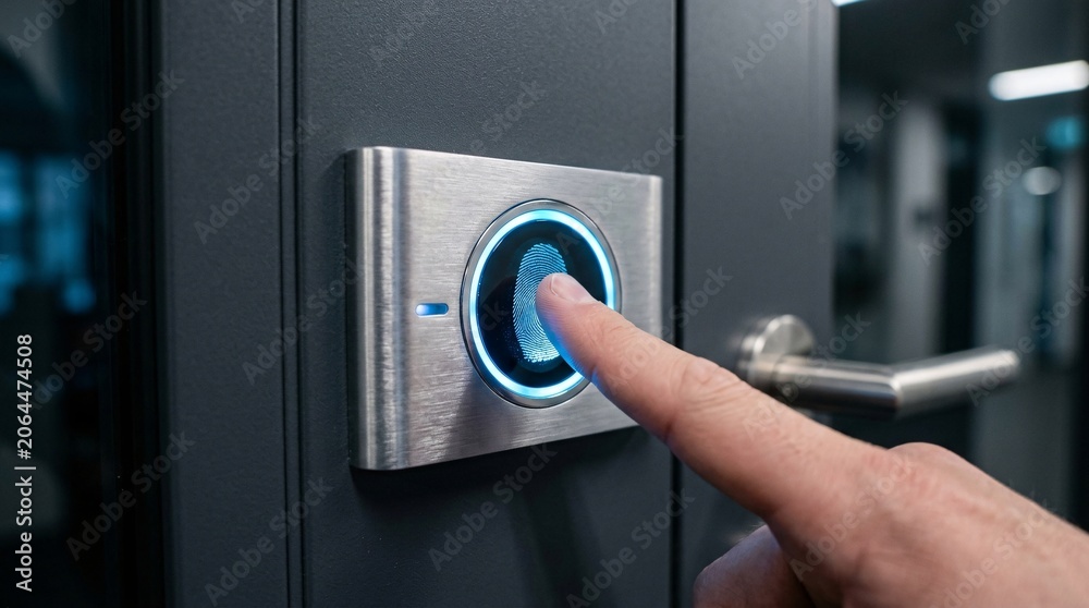 Naklejka premium Person using a biometric fingerprint scanner.