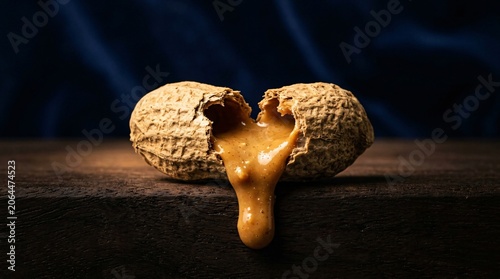 Peanut butter flowing from cracked peanut.