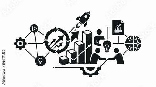A complex black and white graphic illustrating business growth and innovation
