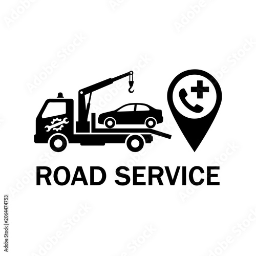 Obraz na plátně Road service tow truck icon with breakdown assistance phone location pin