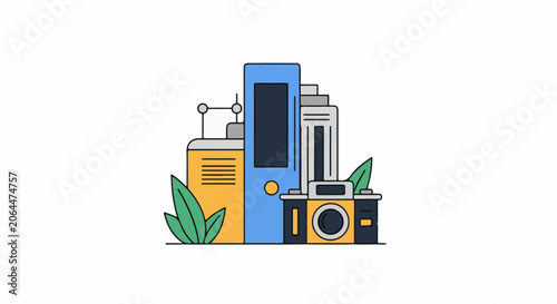 A colorful illustration depicts a collection of modern electronic devices and gadgets