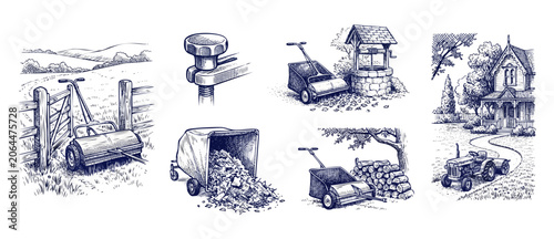 Foto Lawn sweeper garden illustration set featuring vintage farm equipment, tractor, rustic wooden fence, water well, firewood pile, country house