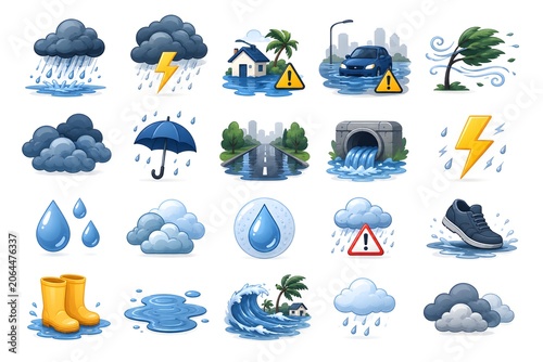 Weather icons set monsoon rain storm flood warning illustration collection