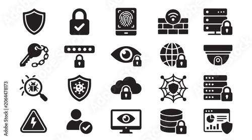 Set of black silhouette representing cybersecurity and data protection concepts including locks, shields, fingerprints, servers, firewalls, and surveillance cameras on white background