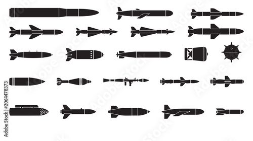 Konstfotografi Assortment of black silhouettes of military missiles, rockets, bombs, torpedoes,