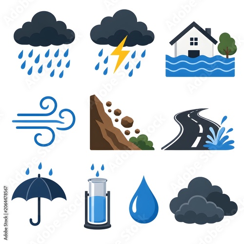 Weather Icons Set Monsoon Rain Storm Flood Landslide Wind Wet Road and Rain Gauge Illustration
