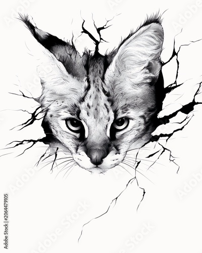 Serval cat head breaking through a cracked white wall, 3D effect black and white illustration, wild animal decal design.