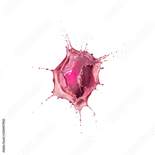 A vibrant splash of pink liquid frozen in motion against a solid black background, creating a dynamic and fluid abstract shape with droplets