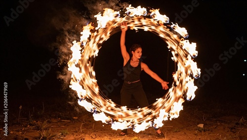 Woman skillfully manipulates a ring of fire in a captivating performance at night