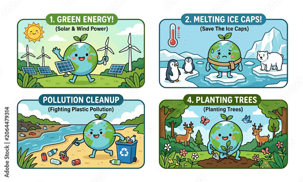 Naklejka premium An illustration depicting four ways to protect the Earth: green energy, saving ice caps, pollution cleanup, and planting trees, featuring a cute Earth character.