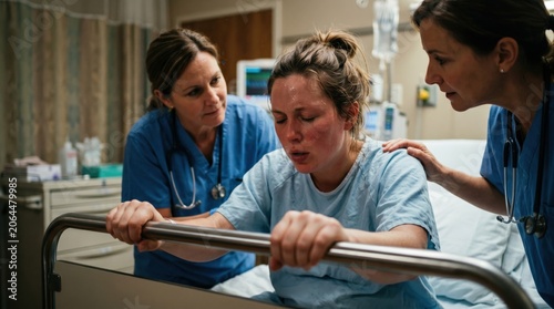 Compassionate nurses in blue scrubs support a pregnant woman breathing through intense labor pain on a hospital bed, warm dramatic lighting, realistic maternal healthcare concept.