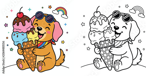 Slika na platnu Cute Cartoon Puppy with Giant Ice Cream Cone Coloring Page and Color Illustratio