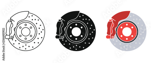 Three different brake disc designs with caliper illustration transparent background