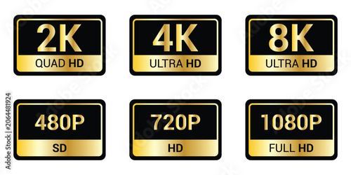 Set of Video Resolution Labels screen resolution Icon set.480 SD, 720 HD, 1080 FULL HD, 2K, 4k, 8k ULTRA HD, vector illustration.