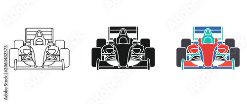 Three stylized racing car illustrations with progressive color design elements