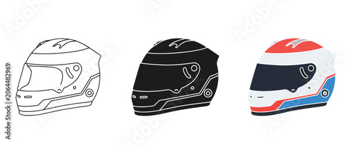 Three racing helmets with different color designs shown side by side