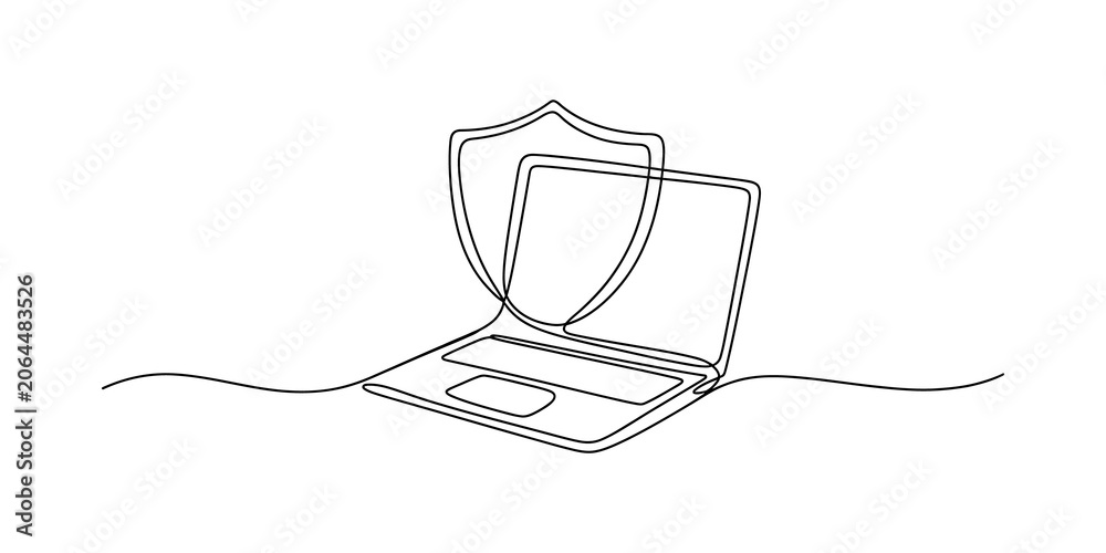 Obraz premium Continuous line drawing of a laptop computer with a digital security shield