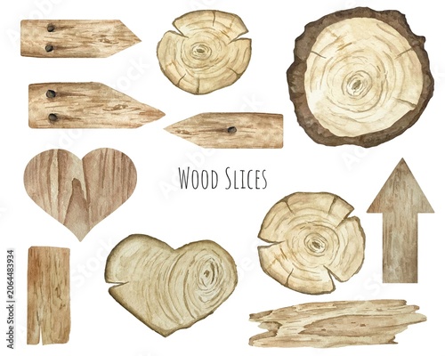 Watercolor Wood Slices and Planks Elements Collection