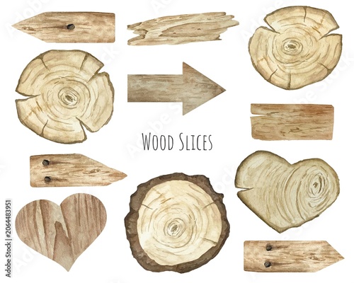 Watercolor Wood Slices and Planks Elements Collection