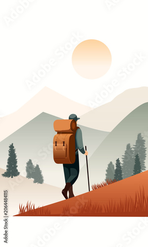  man hiking in mountains with backpack flat vector