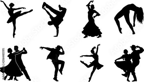 Foto Collection of diverse dance style silhouettes featuring ballet, hip hop, flamenc