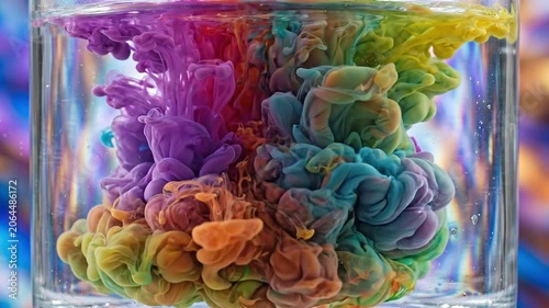 Slow motion close up tracking shot of colorful ink clouds swirling and diffusing into water inside glass container on tabletop studio set, calm abstract mood